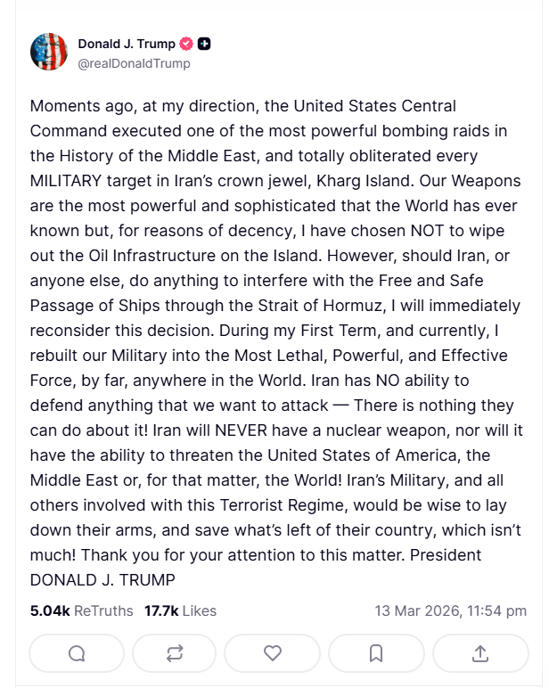 2026 03 13 TS Trump Kharg Iran