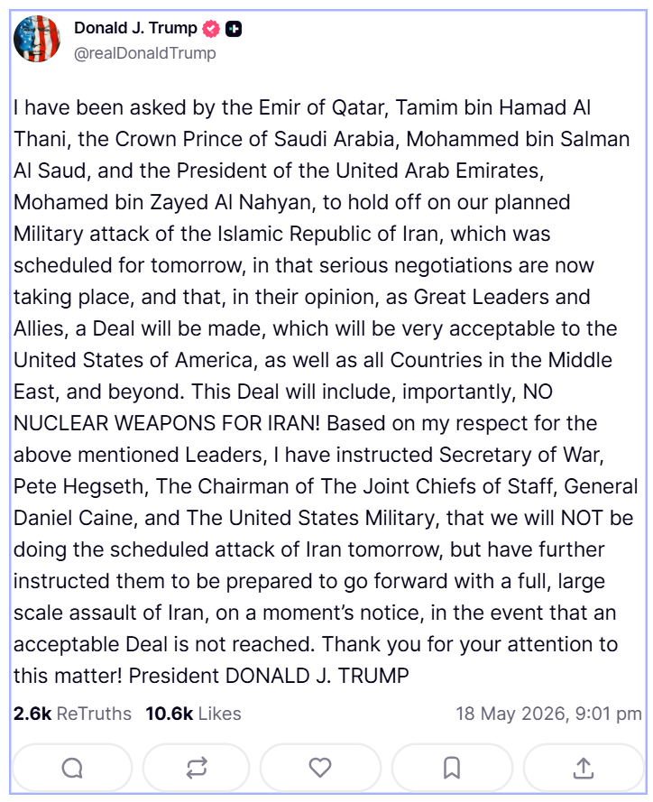 2026 05 18 TS Trump No strike Iran