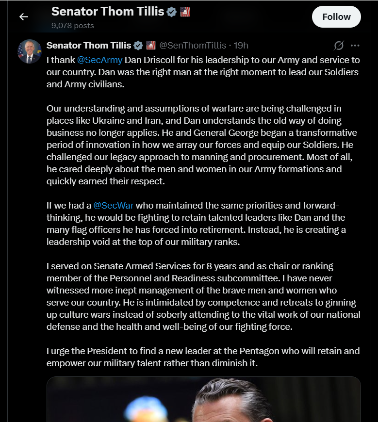 2026 09 02 X Senator Thom Tillis Hegseth