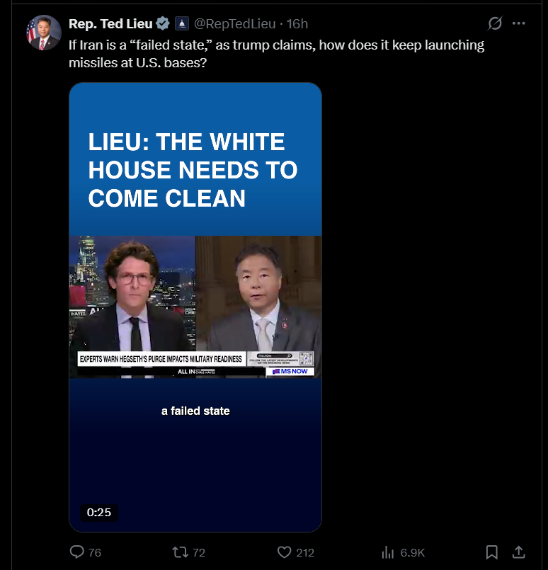 2026 09 04 X Rep Ted Lieu Iran